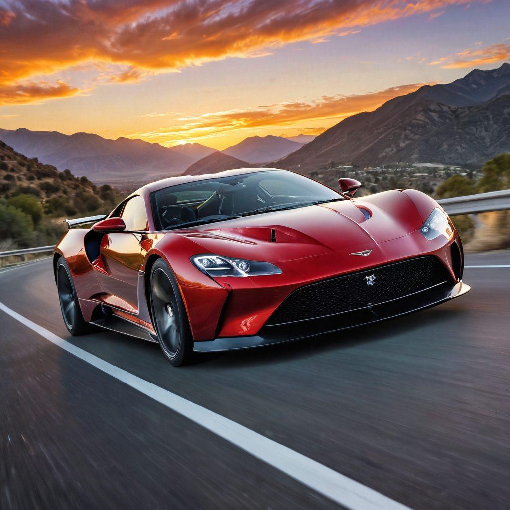 A sleek, powerful V12 car speeding along a winding road, surrounded by picturesque landscapes featuring mountains and a sunset sky, capturing the thrill of driving. The driver, exuberantly smiling, showcases the joy of elation and satisfaction. The car's details are highlighted in a glossy finish, enhancing its luxury. Super-realistic. Vibrant colors. Dynamic motion blur.