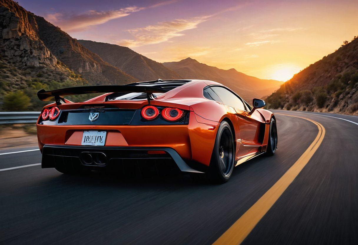 A dynamic scene of a sleek, powerful V12 engine roaring to life, surrounded by winding mountain roads and a vibrant sunset. Include a race car in motion, showcasing speed and excitement, with tire marks on the asphalt. Add joyful passengers enjoying the thrill, wind in their hair, and a sense of adventure in the air. Capture the essence of freedom and exploration. hyper-realistic. vibrant colors. dramatic lighting.