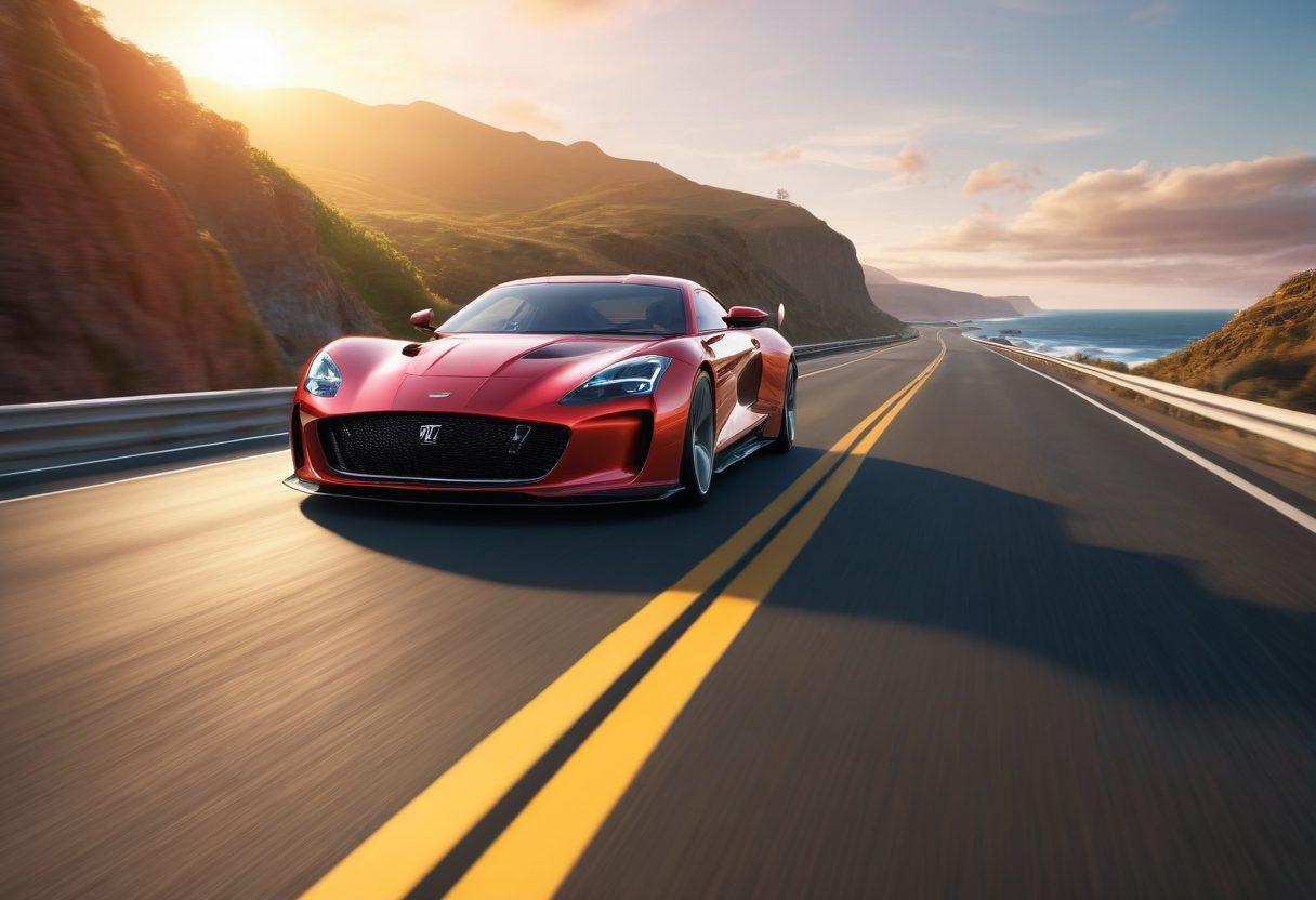 A dynamic scene of a sleek, modern car showcasing a powerful V12 engine, racing down a scenic coastal highway with cliffs and ocean waves crashing nearby. The car should exhibit motion, with blurred scenery to emphasize speed and excitement. Include a bright sunset casting vibrant colors across the sky, highlighting the joy of driving. super-realistic. vibrant colors. 3D.